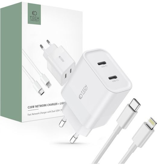 Tech-Protect C20W 2-Port PD20W Power Charger + cablu Lightning, alb
