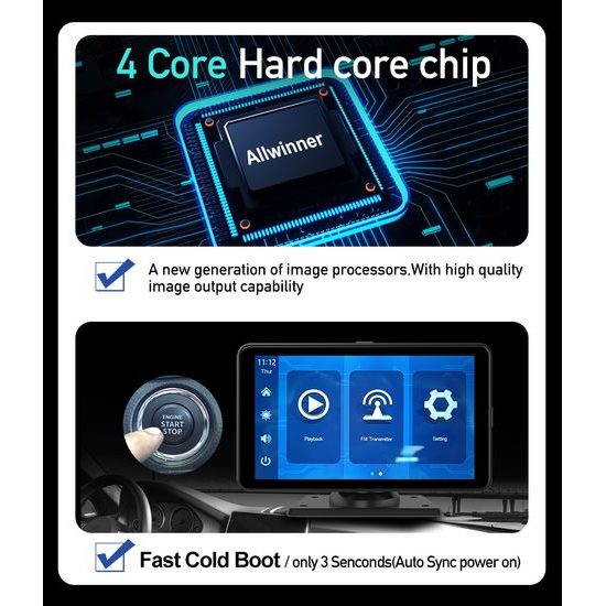 7" CarPlay zaslon za auto s bežičnim CarPlay i Android Auto, 2K autokamerom i stražnjom kamerom