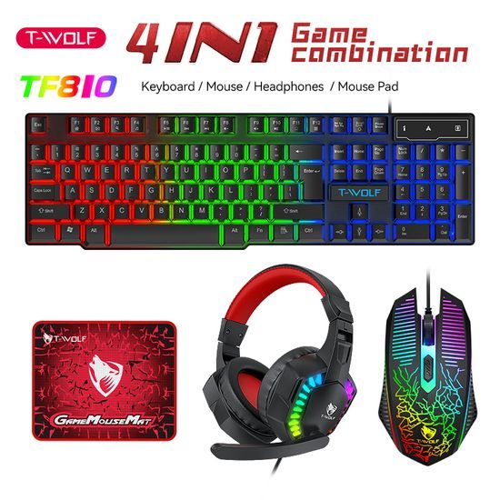 T-WOLF TF810 RGB Gaming Set 4in1 - Gaming Tastatur + Maus + Headset + Mauspad - Komplettes Gaming Setup
