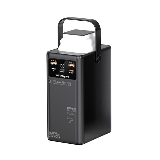 Powerbank 80 000mAh с 4 вградени кабела, 2x USB-A, 1x USB-C, PD, QC 3.0, LED къмпинг светлина, черен