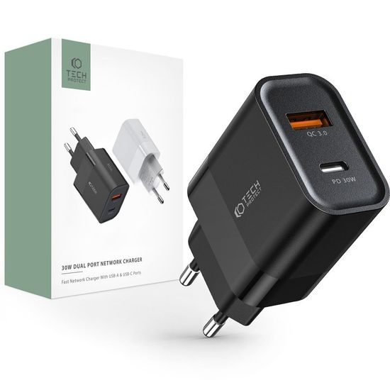 Tech-Protect C30W 2 portos töltő, PD30W/QC3.0, fekete