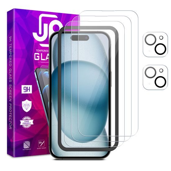 JP Mega Pack edzett szemüveg, 3 üveg telefononként applikátorral + 2 üveg lencsénként, iPhone 15 Plus, 3 üveg telefononként applikátorral + 2 üveg lencsénként, iPhone 15 Plus