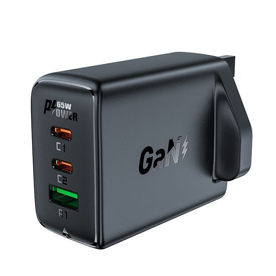 Acefast GaN φορτιστής 65W 3 θυρών (1x USB, 2x USB-C PD) UK πρίζα, μαύρος (A44)