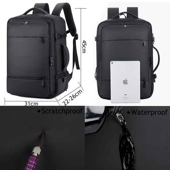 JP Rucksack B09 - Multifunktionaler Tagesrucksack 45x31x22-26 cm - Schwarz