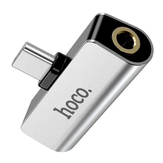 Hoco 2in1 Adaptor audio USB-C la jack de 3,5 mm + USB-C, argintiu (LS26)