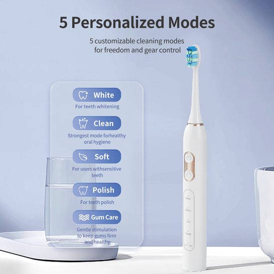 Soniczny elektryczny szczoteczka do zębów z zestawem 8 główek, 42 000 wibracji/min, 5 trybów, czarna