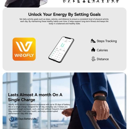 Weofly Airfit Smart Fitness Tracker ohne Display - Aktivitätstracker mit Herzfrequenzmessung und Schlafüberwachung - Schwarz