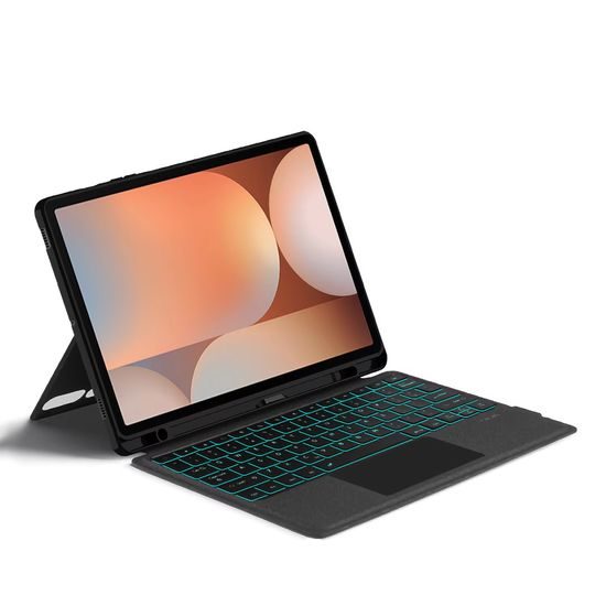 JP Magnetno etui z odstranljivo Bluetooth tipkovnico, touchpadom, osvetlitvijo, vrtljivim stojalom in držalom za stylus, Samsung Galaxy Tab S10 FE+, črno