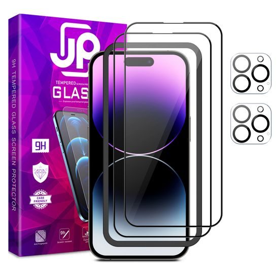 JP Full Pack edzett üveg, 2x 3D üveg applikátorral + 2x üveg a lencsén, iPhone 14 Pro