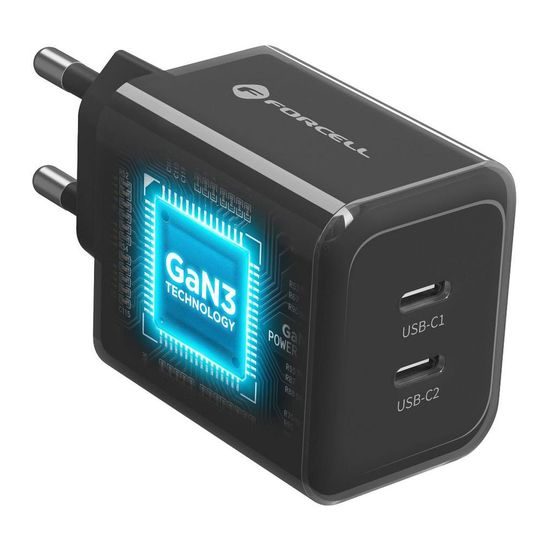 Forcell F-Energy GaN III Ladegerät - 2x USB-C 60W - mit USB-C auf USB-C Kabel - Schwarz