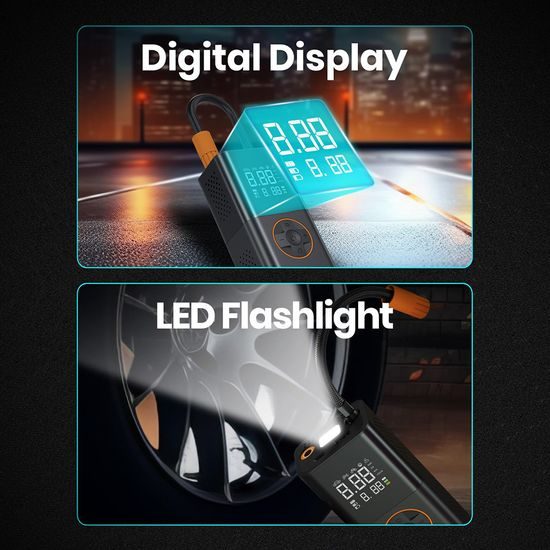 Techsuit (AI1) Kabelloser Kompressor GoInflate mit LED-Taschenlampe - 4000 mAh Akku - Digitaler Luftkompressor für Auto, Motorrad, Fahrrad - 150 PSI - Schwarz