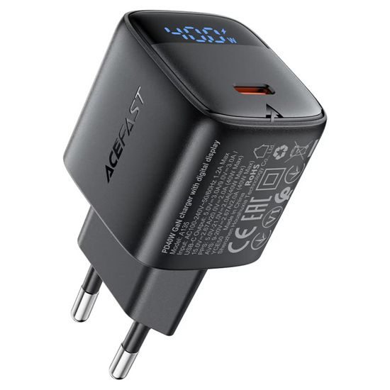 Acefast Oplader (A135) USB-C, GaN, PD 45W, LED-display, Zwart