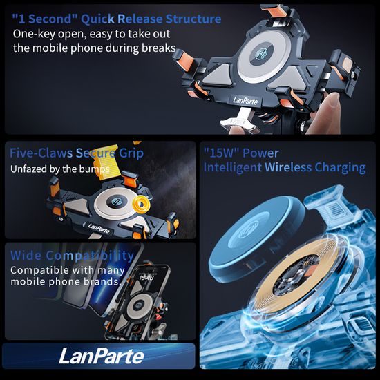 LanParte UBA-MC Motorrad Handyhalterung mit 15W kabellosem Laden - Smartphone Halterung mit Vibrationsdämpfung