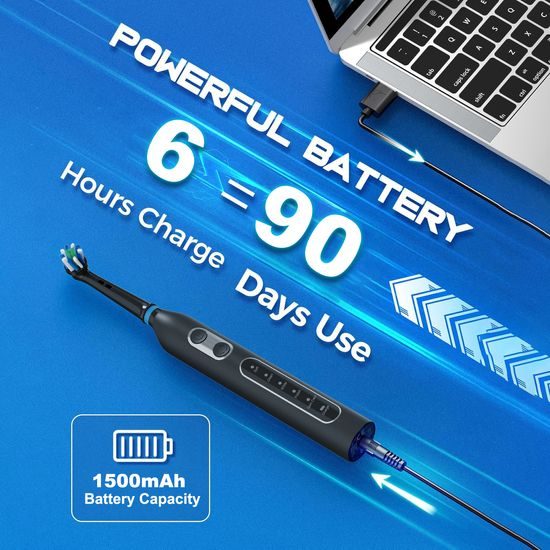 E7 Elektrische Schallzahnbürste mit 8 Bürstenköpfen - 5 Modi - IPX7 - 1500 mAh - Schwarz