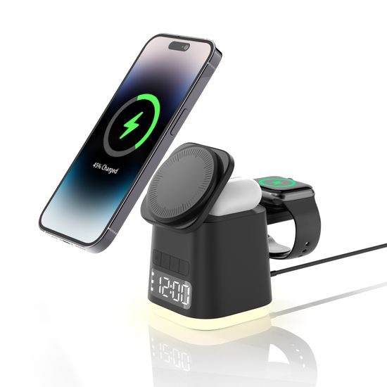 MagDock 6 Pro 6σε1 ασύρματος σταθμός φόρτισης με ρολόι και φωτισμό νυκτός για iOS και Android, μαύρο