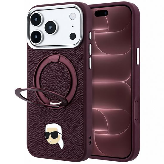 Karl Lagerfeld Leather Ring Stand 360 KC Pin MagSafe ümbris iPhone 17 Pro Max / 18 Pro Max – veininpunane