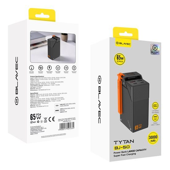 Blavec akupank BJ-50 30 000 mAh 65W 2× USB-C + 2× USB-A – must