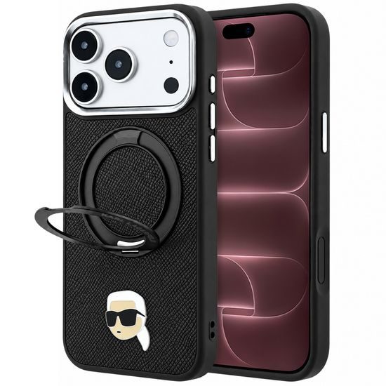 Karl Lagerfeld Leather Ring Stand 360 K Pin MagSafe ümbris iPhone 17 Pro Max / 18 Pro Max – must