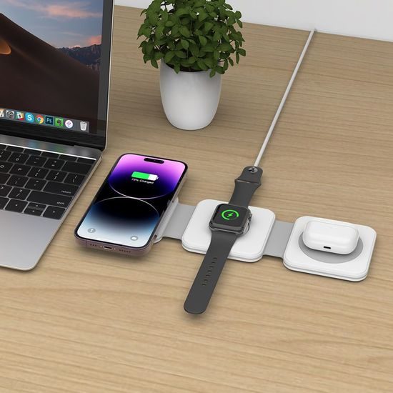 Tech-Protect QI15W-A24 3in1 MagSafe mágneses vezeték nélküli töltő, Fehér