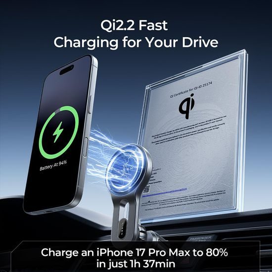 Lisen Magnetische KFZ-Halterung für Lüftungsgitter mit kabelloser Ladestation W704 Pro - USB-C - 25 W - Qi2.2 - Schwarz