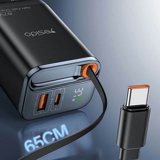 Yesido YC100 USB Ladegerät USB-C & USB-A mit GaN-Technologie 67W + USB-C Kabel 65cm - Schwarz