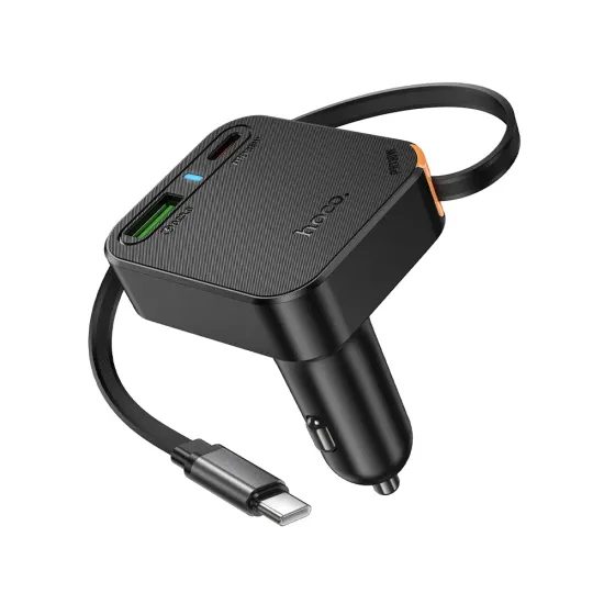 Hoco φορτιστής αυτοκινήτου με συρόμενο καλώδιο 2x USB-C + USB-A, QC, PD, 65W, μαύρο