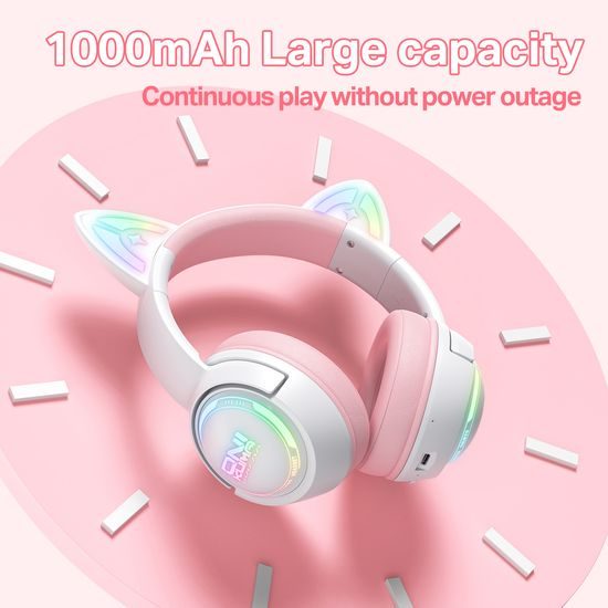 Onikuma GT838 Kabellose Gaming Kopfhörer mit RGB LED Beleuchtung und Katzenohren - Rosa