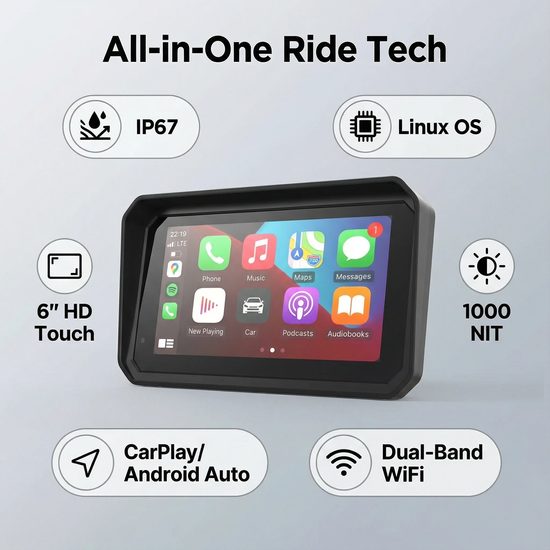 6" Motociklistički zaslon s bežičnim CarPlay i Android Auto, dvostrukom Full HD kamerom i brzootpusnim nosačem