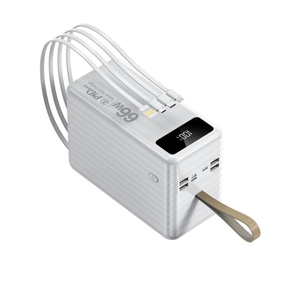 Powerbank 120.000 mAh, PD66W, 2.1A, 4 ενσωματωμένα καλώδια + LED φως, λευκό