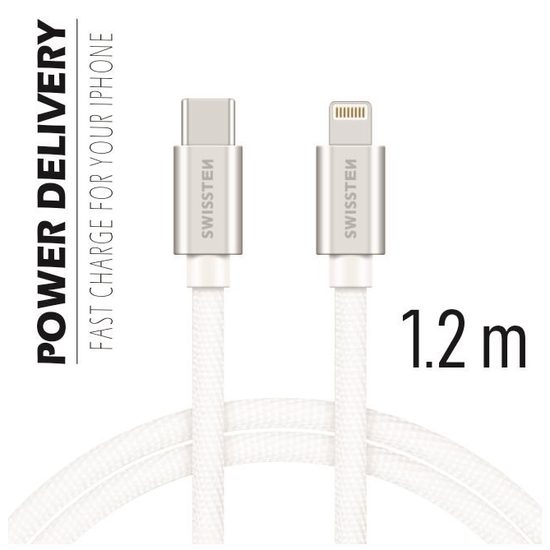 Dátový kábel Swissten textilný, USB-C / Lightning, 1,2 m, strieborný