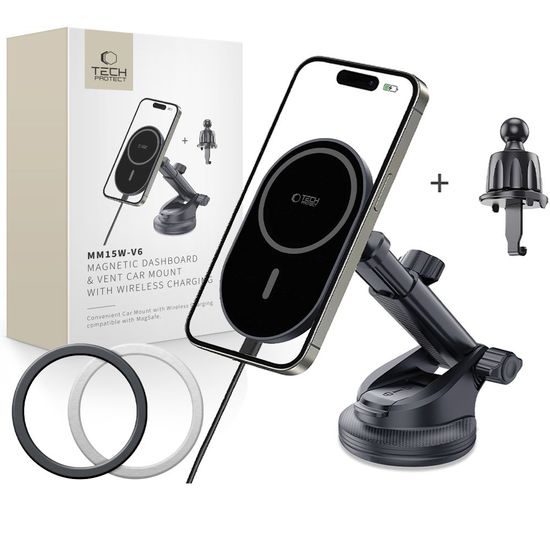 Tech-Protect MM15W-V6 Ασύρματος φορτιστής αυτοκινήτου MagSafe με μαγνητική βάση ταμπλό/αεραγωγών 15W, μαύρο