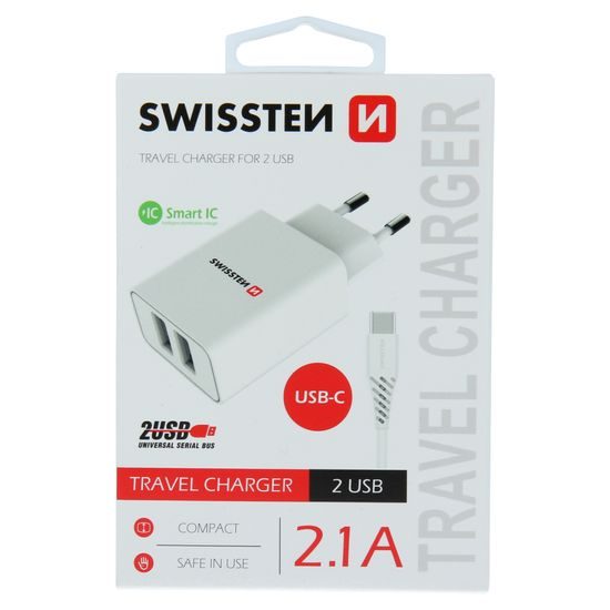 Swissten hálózati adapter smart IC 2x USB, 2.1A Power, fehér + USB-C kábel 1.2m