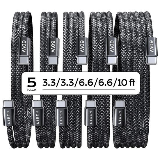 Lisen Datový kabel USB-C, 60 W, 480 Mb/s, 5 ks, 1 m / 1 m / 2 m / 2 m / 3 m, černý