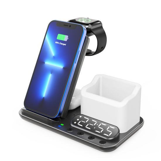 DeskCharge Station Pro Πολυλειτουργικός σταθμός ασύρματης φόρτισης 5 σε 1 με ρολόι και οργανωτή, μαύρο