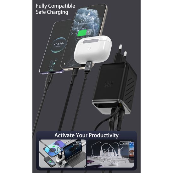 Dudao A67EU lādētājs ar iebūvētu izvelkamu USB-C kabeli GaN 67W PD – melns