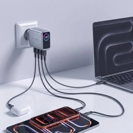 Tech-Protect Powervision NC140W-GAN 4portová nabíjačka, PD 140 W / QC 3.0, sivá