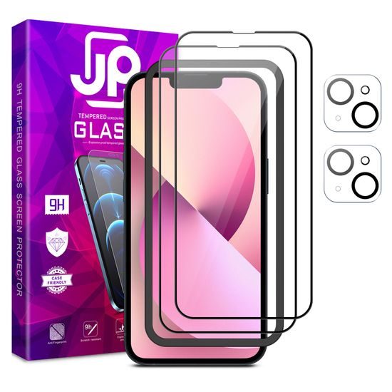 JP Full Pack Tvrdených skiel, 2x 3D sklo s aplikátorom + 2x sklo na šošovku, iPhone 13 Mini