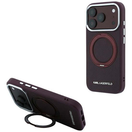 Karl Lagerfeld Leather Ring Stand 360 Saffiano MagSafe ümbris iPhone 17 Pro / 18 Pro – burgundia