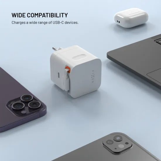 FIXED GaN hálózati töltő, 2x USB-C, PD 3.0, 65W önbehúzódó kábellel, fehér