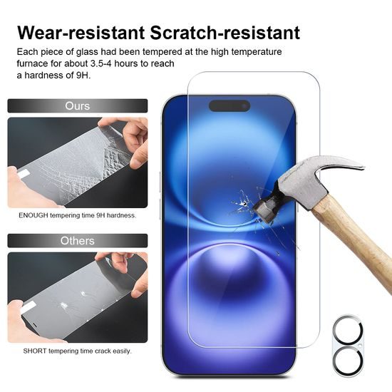 JP Mega Pack Szkło hartowane, 3 szkła na telefon z aplikatorem + 2 szkła na obiektyw, iPhone 16 Plus