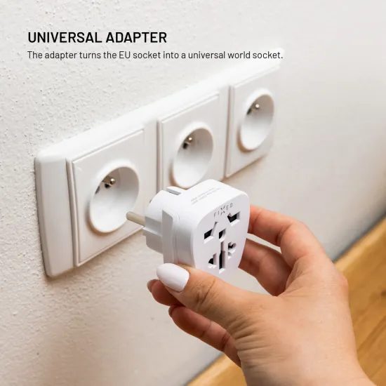 Adattatore da viaggio FIXED EU Adapter 2 per dispositivi UK / US / AUS a prese EU, bianco