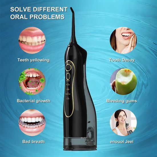 Bezprzewodowy irygator dentystyczny z zestawem końcówek, 4 tryby, zbiornik 300 ml, USB-C, czarny