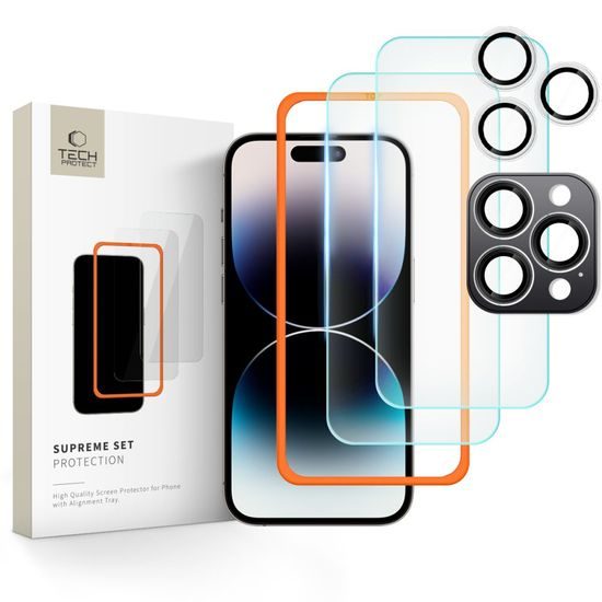 Komplet Tech-Protect Supreme, 2 kaljena stekla z aplikatorjem + steklo za leče, iPhone 16 Pro