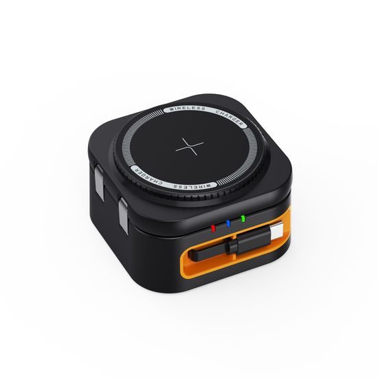 Caricatore wireless 4in1 per telefono, orologio, auricolari, con cavo USB-C retrattile, Qi, 25W, nero