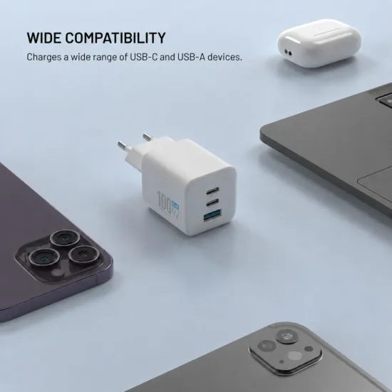 FIXED Mini GaN hálózati töltő, 2x USB-C + USB, PD 100W, fehér