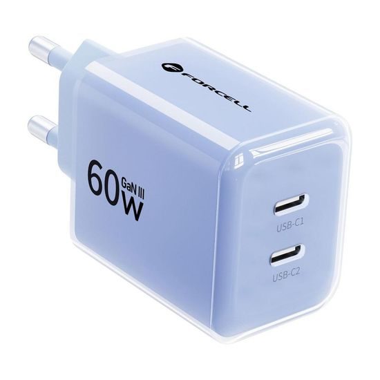 Forcell F-Energy GaN III Ladegerät mit 2x USB-C 60 W + USB-C auf USB-C Kabel - Blau
