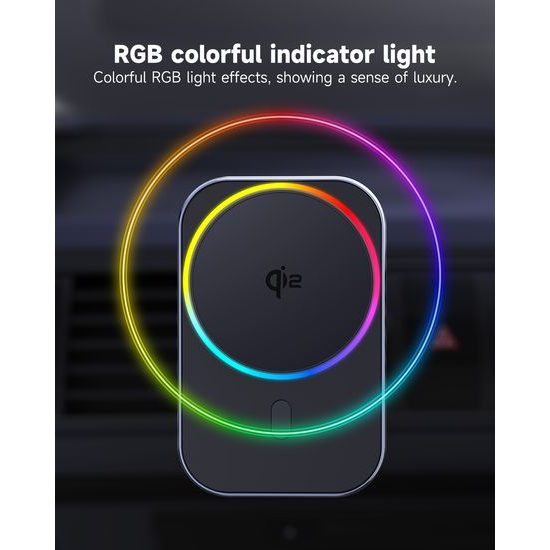 Chłodzący uchwyt MagSafe Qi2 z bezprzewodowym ładowaniem do kratki wentylacyjnej samochodu, z opcjonalnym podświetleniem RGB, 15W, kwadratowy, czarny