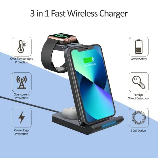 Caricabatterie wireless pieghevole 3in1, Qi, PD, QC3.0, 15W, nero