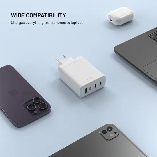 FIXED GaN hálózati töltő, 3x USB-C + USB, PD 3.0, 120W, fehér