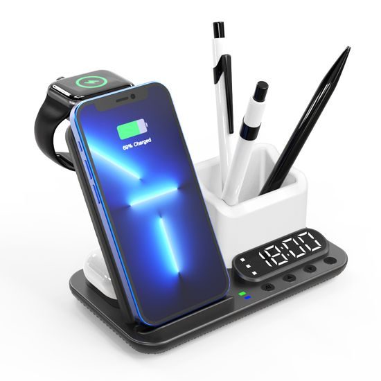 DeskCharge Station Pro Πολυλειτουργικός σταθμός ασύρματης φόρτισης 5 σε 1 με ρολόι και οργανωτή, μαύρο